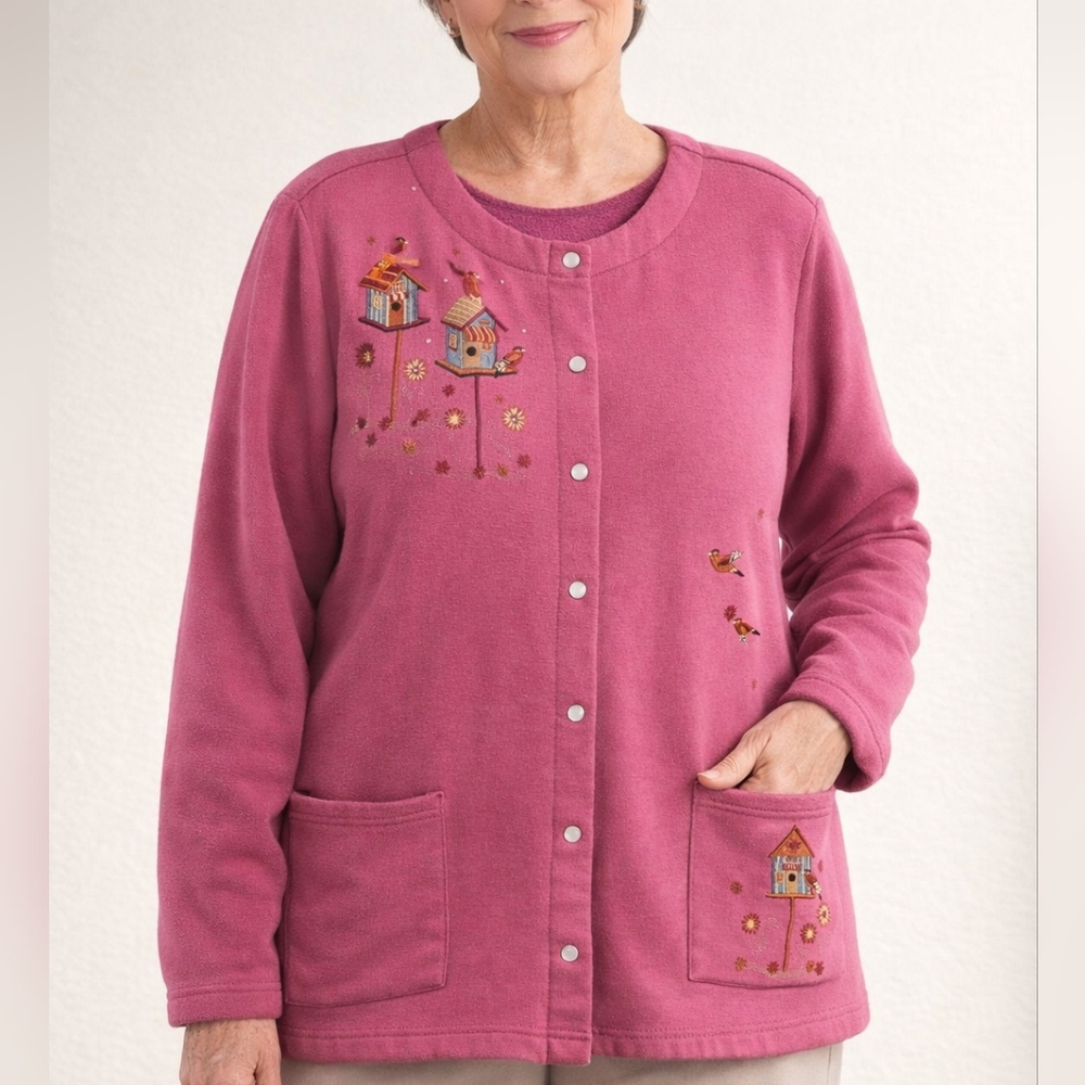 Breckenridge Pink Pearl Snap Front Fleece Cardigan Embroidered Sz XL Grannycore